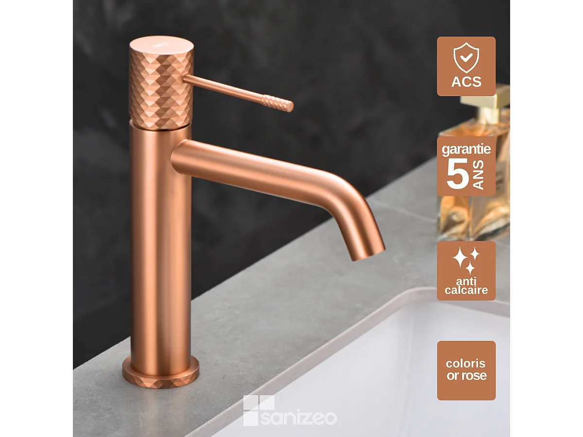 Mitigeur Lavabo Salle de Bain or rose cuivré – Bec Bas Anti-Calcaire – Design Moderne - GENOVA IMEX
