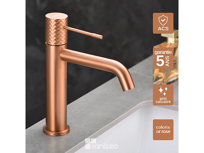 Mitigeur Lavabo Salle de Bain or rose cuivré – Bec Bas Anti-Calcaire – Design Moderne - GENOVA IMEX