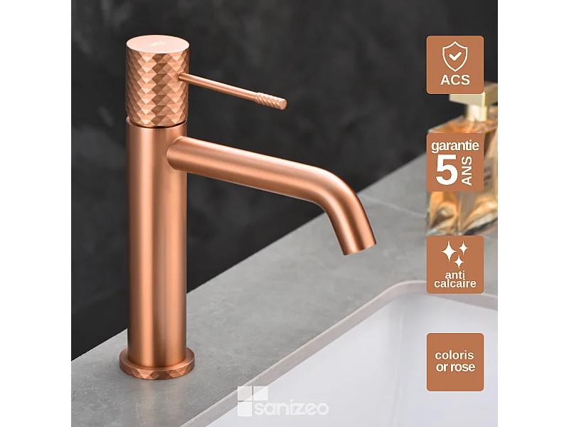 Mitigeur Lavabo Salle de Bain or rose cuivré – Bec Bas Anti-Calcaire – Design Moderne - GENOVA IMEX