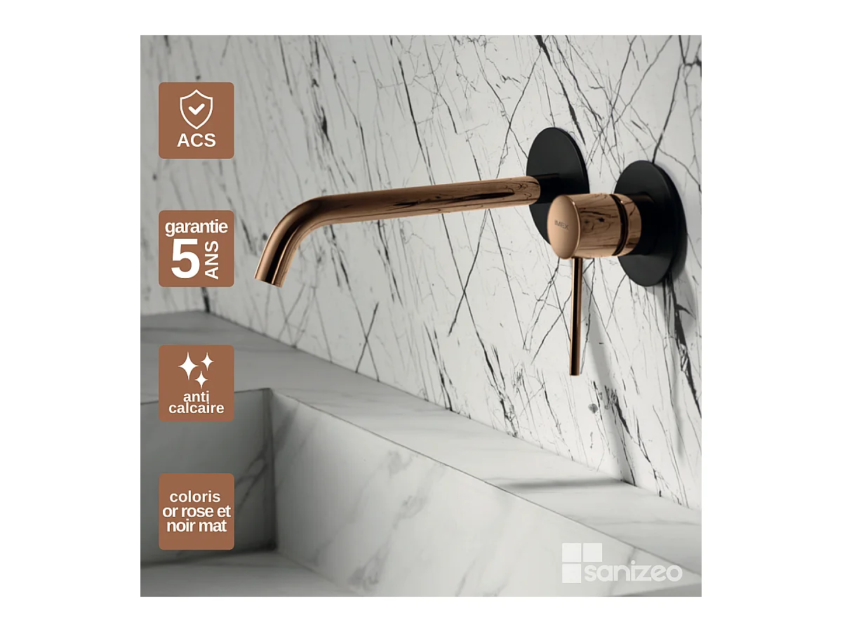 Robinet Mitigeur de Lavabo Encastré Anti-Calcaire Noir Mat et Or Rose Cuivré IMEX MILOS STICK GLIS045/NOR