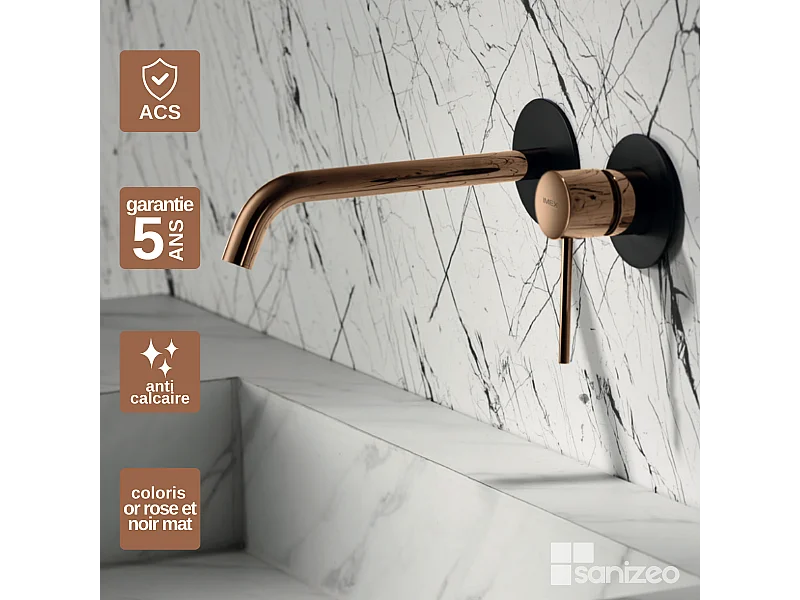 Mitigeur Lavabo Encastré Salle de Bain noir/or – Anti-Calcaire – Design moderne - MILOS IMEX