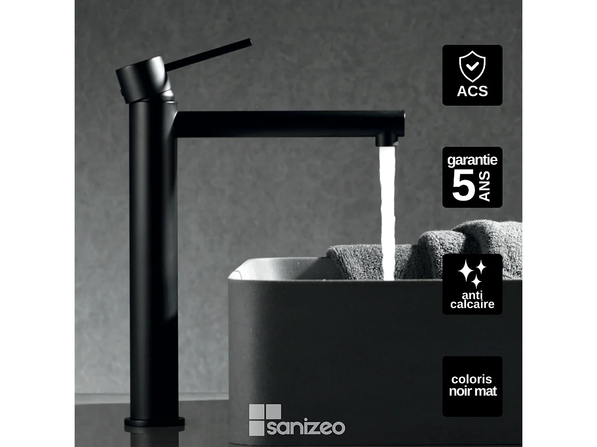 Mitigeur Lavabo Salle de Bain noir mat – Bec Haut Anti-Calcaire – Design Moderne - MILOS STICK IMEX