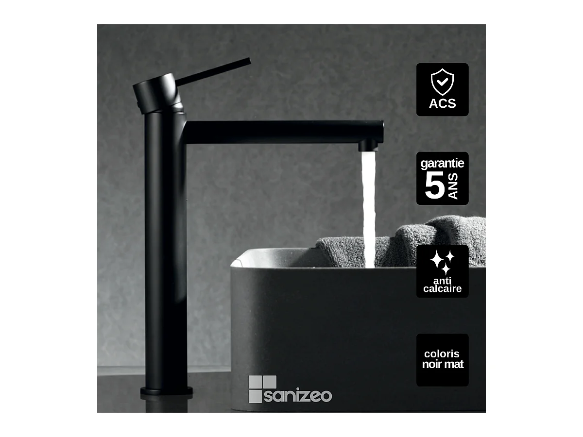 Robinet Mitigeur de Lavabo Anti-Calcaire Bec Haut Noir Mat IMEX MILOS STICK BDYS045-3NG