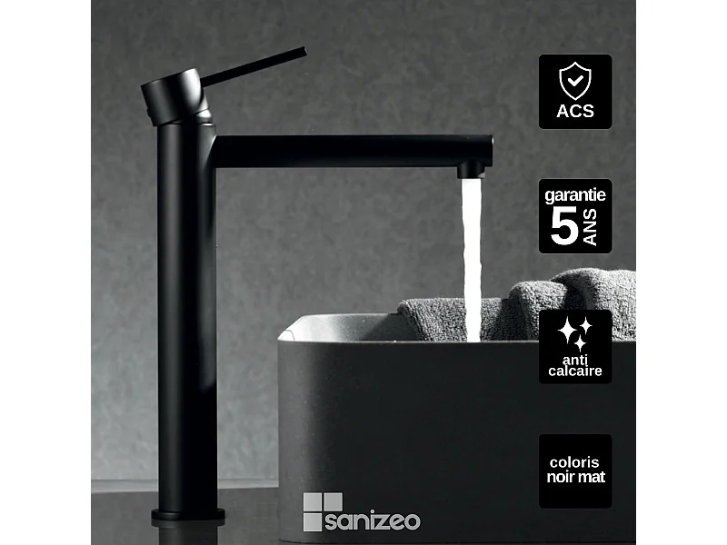 Mitigeur Lavabo Salle de Bain noir mat – Bec Haut Anti-Calcaire – Design Moderne - MILOS STICK IMEX