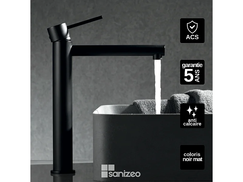 Mitigeur Lavabo Salle de Bain noir mat – Bec Haut Anti-Calcaire – Design Moderne - MILOS STICK IMEX