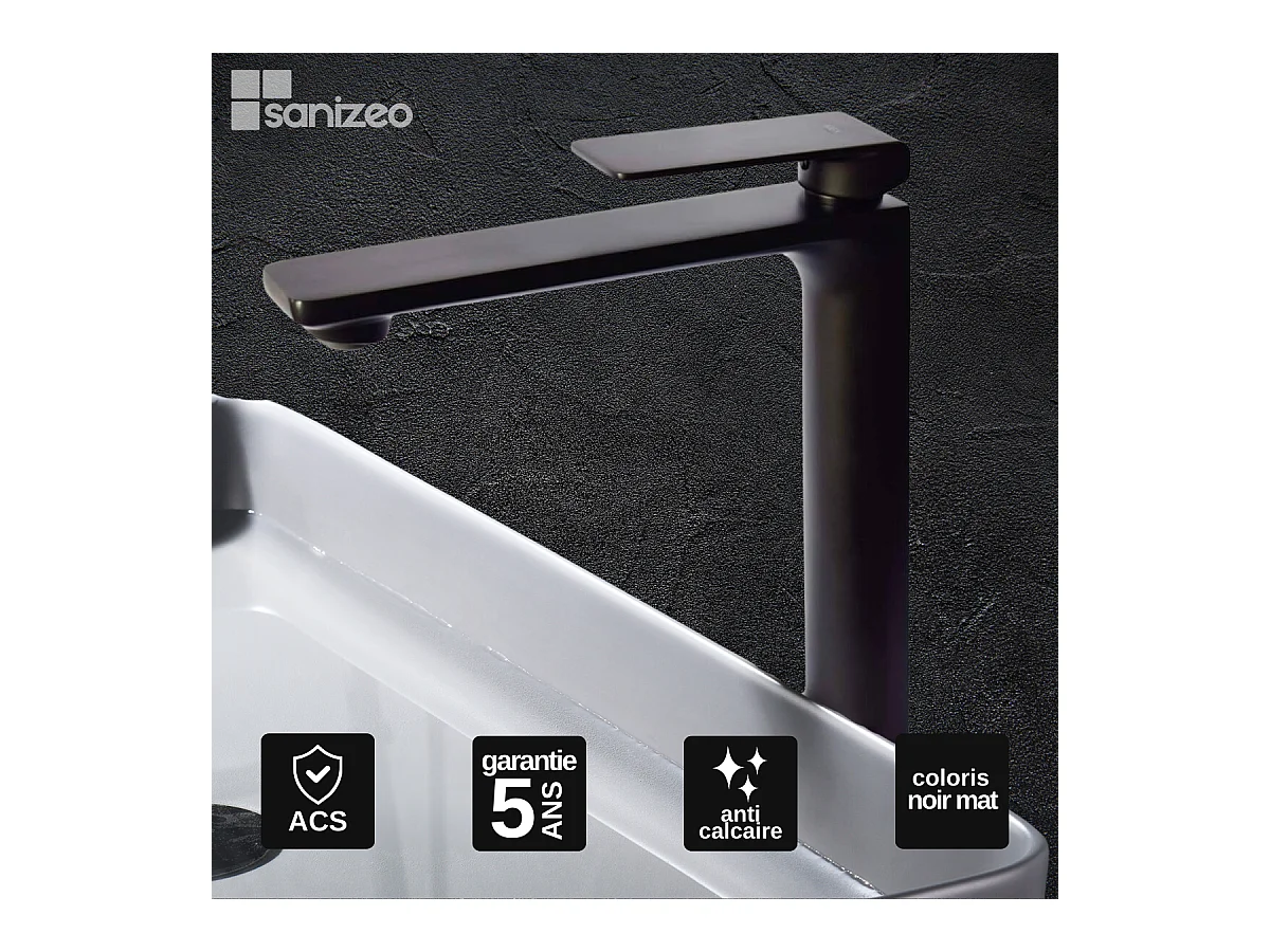 Robinet Mitigeur de Lavabo Anti-Calcaire Bec Haut Noir Mat IMEX FIYI BDF016-3NG