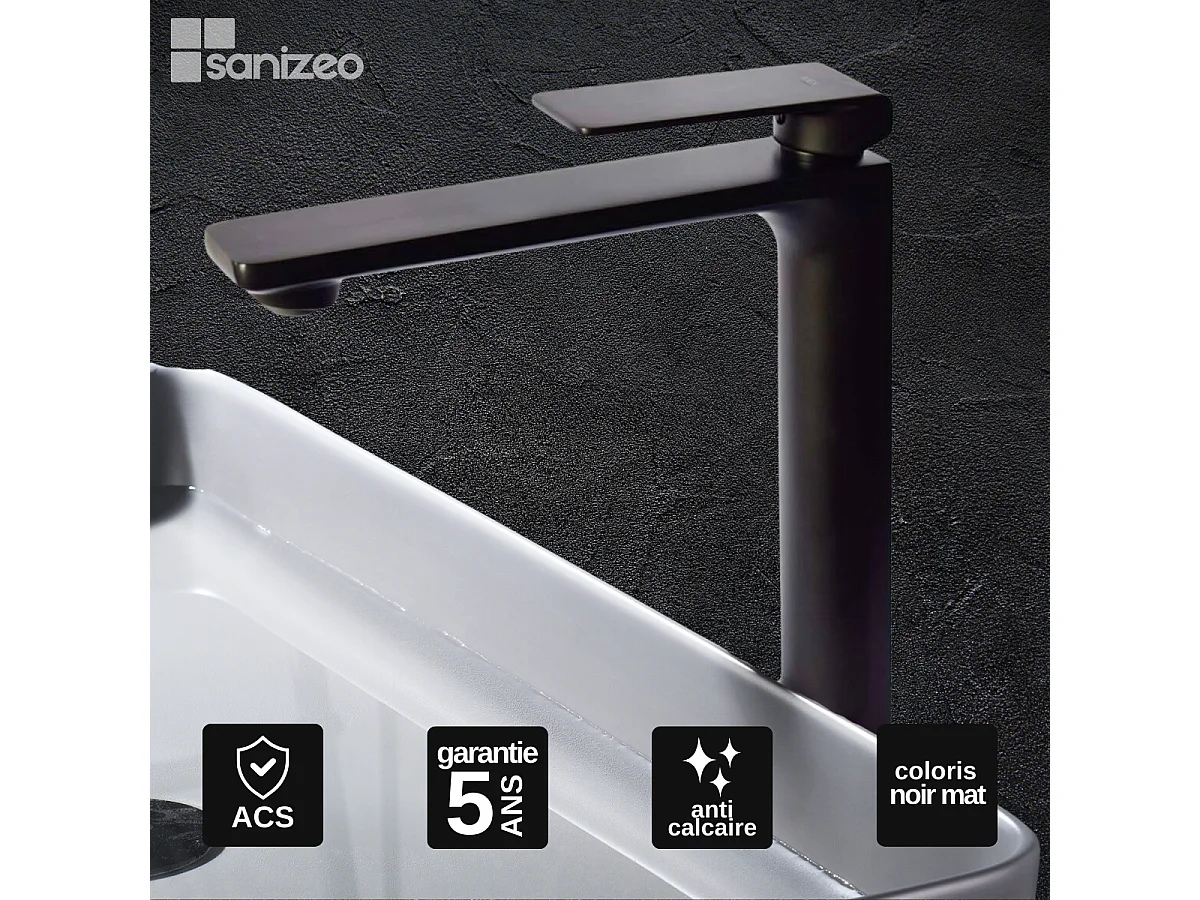 Mitigeur Lavabo Salle de Bain noir mat – Bec Haut Anti-Calcaire – Design Moderne - FIYI IMEX