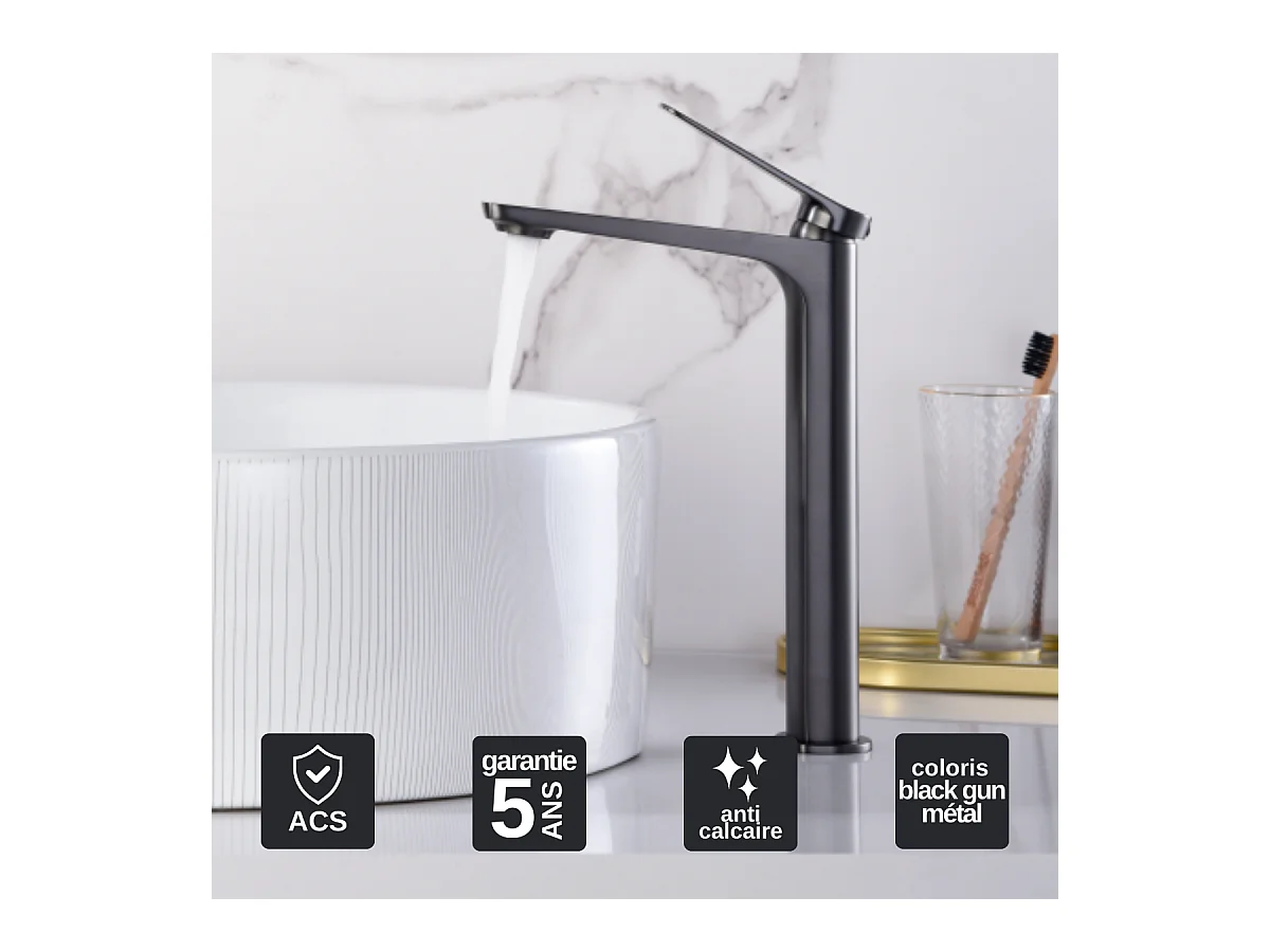 Robinet Mitigeur de Lavabo Anti-Calcaire Bec Haut Black Gun Métal IMEX NAPOLES BDN047-3BGM