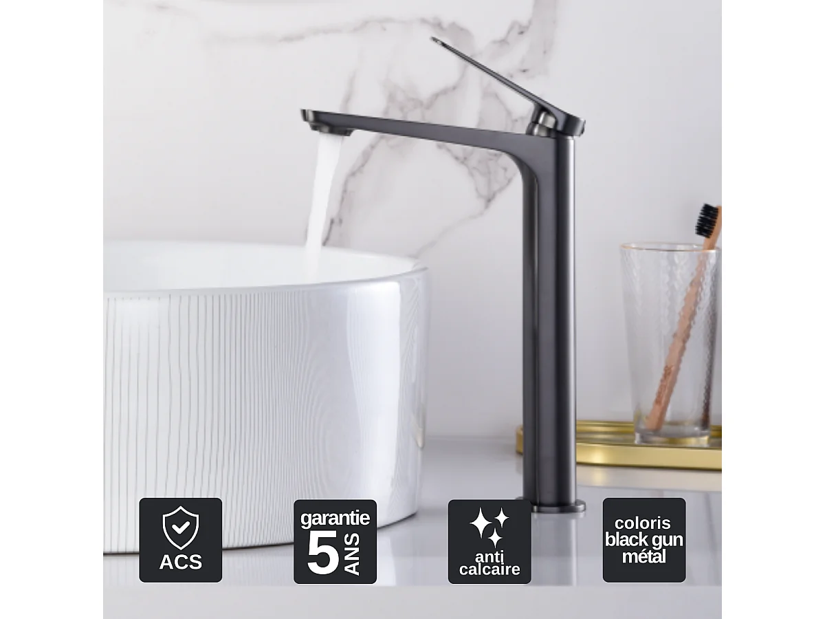Mitigeur Lavabo Salle de Bain noir métal – Bec Haut Anti-Calcaire – Design Moderne - NAPOLES IMEX