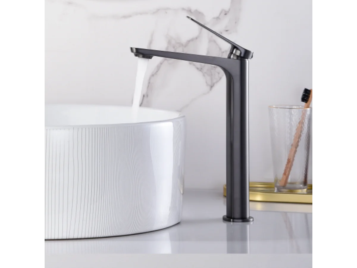 Mitigeur Lavabo Salle de Bain noir métal – Bec Haut Anti-Calcaire – Design Moderne - NAPOLES IMEX