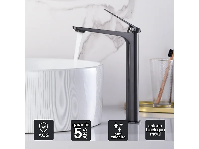 Mitigeur Lavabo Salle de Bain noir métal – Bec Haut Anti-Calcaire – Design Moderne - NAPOLES IMEX