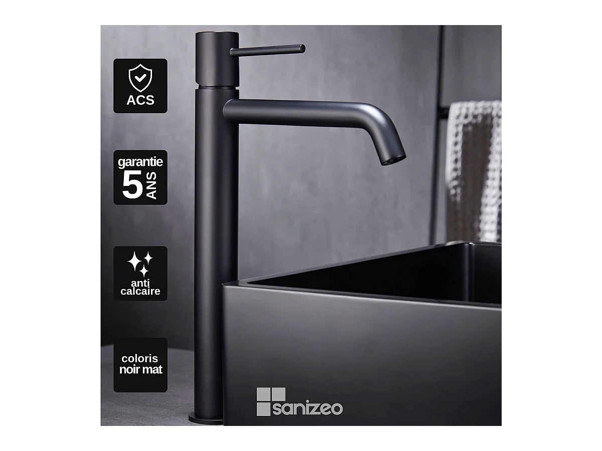 Robinet Mitigeur de Lavabo Anti-Calcaire Bec Haut Noir Mat IMEX MONZA BDM039-3NG