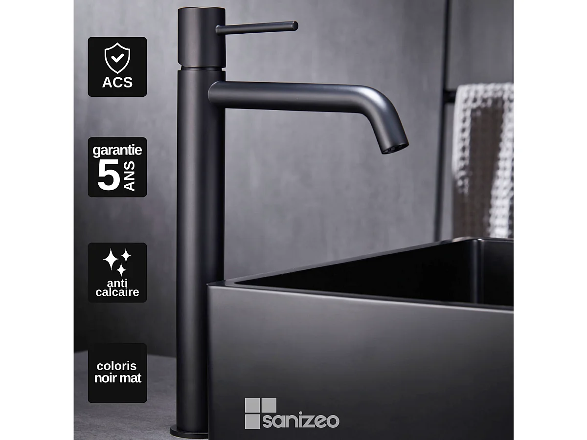 Robinet Mitigeur de Lavabo Anti-Calcaire Bec Haut Noir Mat IMEX MONZA BDM039-3NG