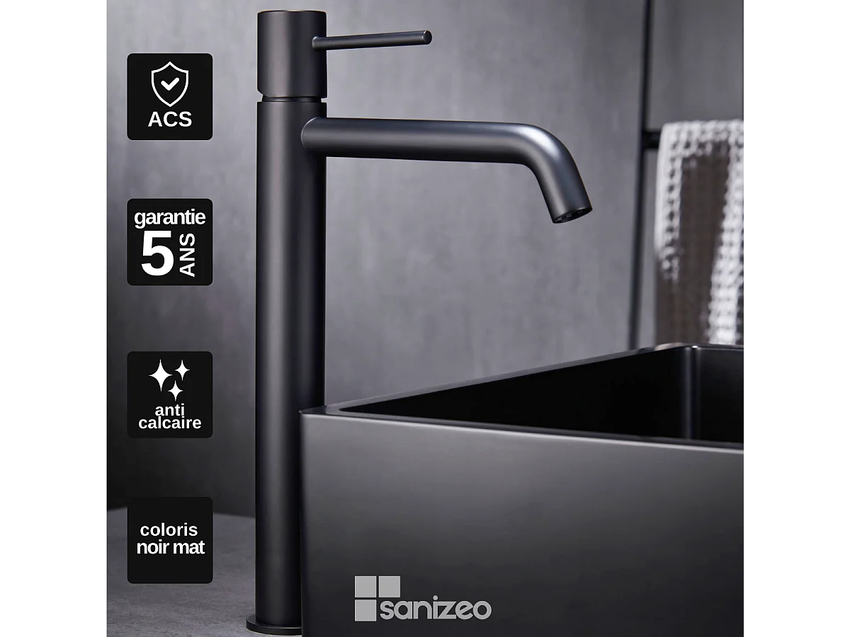 Robinet Mitigeur de Lavabo Anti-Calcaire Bec Haut Noir Mat IMEX MONZA BDM039-3NG