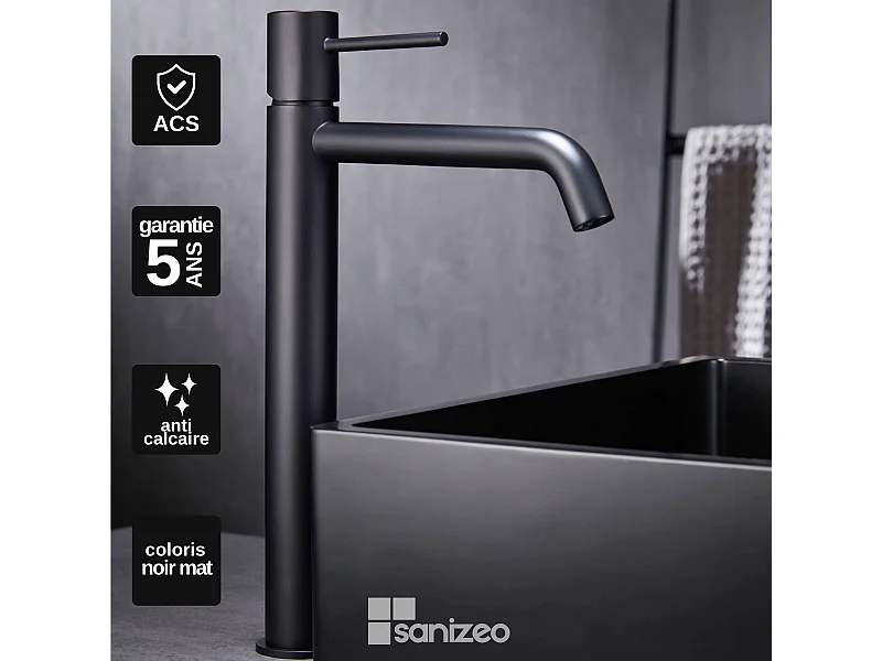 Robinet Mitigeur de Lavabo Anti-Calcaire Bec Haut Noir Mat IMEX MONZA BDM039-3NG