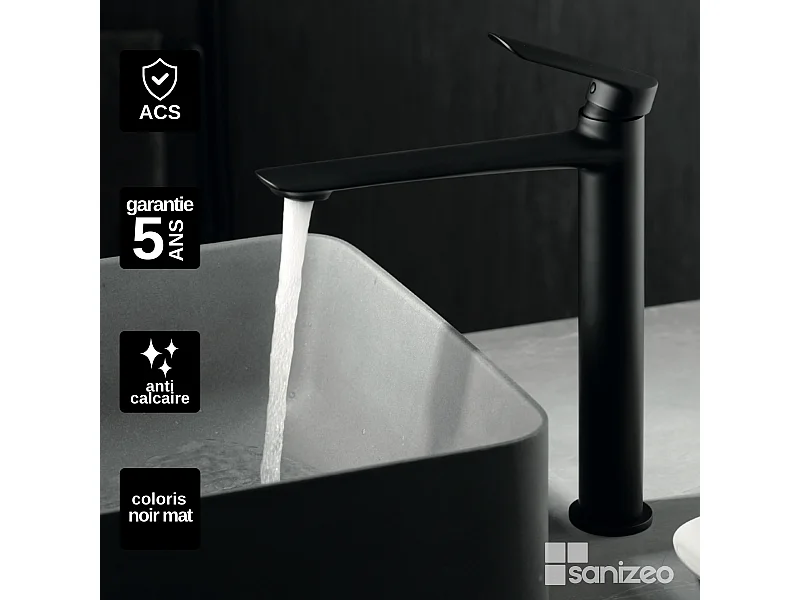 Mitigeur Lavabo Salle de Bain noir mat – Bec Haut Anti-Calcaire – Design moderne - URAL IMEX