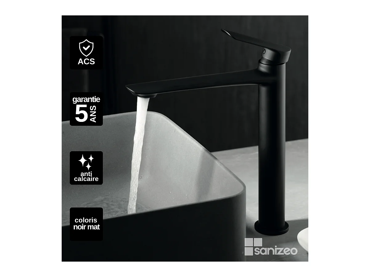 Robinet mitigeur de Lavabo Anti-Calcaire Bec Haut Noir Mat IMEX URAL BDG040-3NG