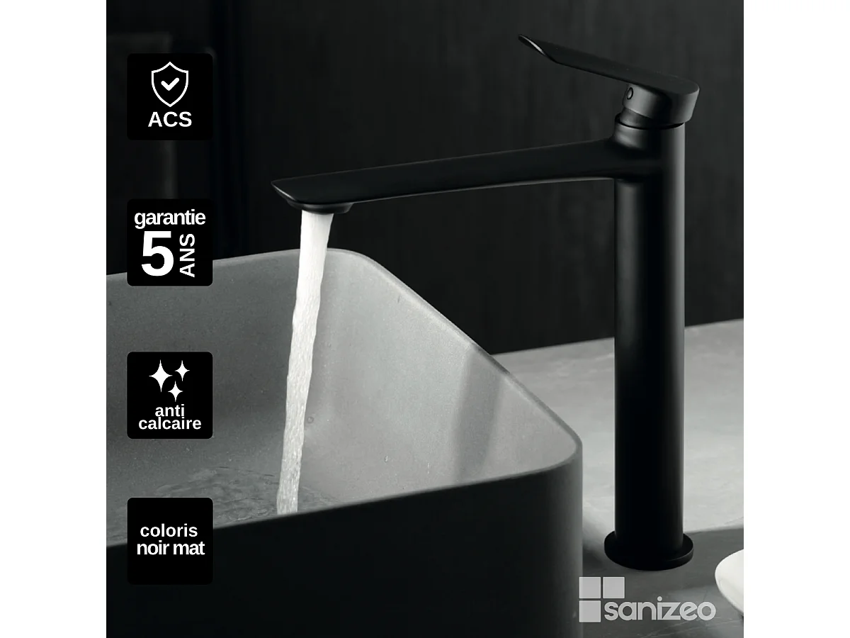 Mitigeur Lavabo Salle de Bain noir mat – Bec Haut Anti-Calcaire – Design moderne - URAL IMEX