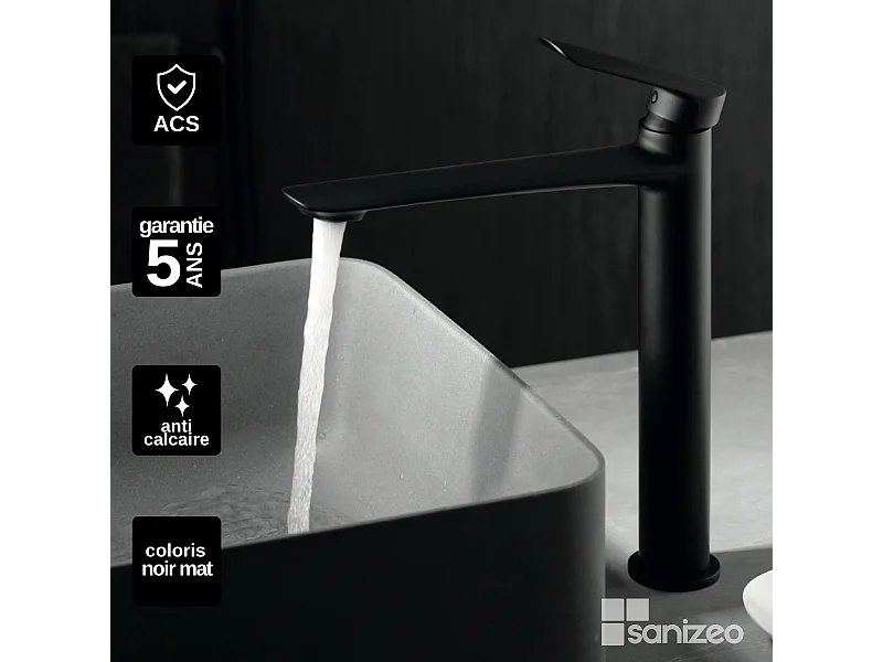 Mitigeur Lavabo Salle de Bain noir mat – Bec Haut Anti-Calcaire – Design moderne - URAL IMEX