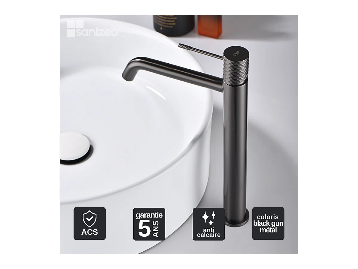 Robinet Mitigeur de Lavabo Anti-Calcaire Bec Haut Black Gun Métal IMEX GENOVA BDG053-3BGM