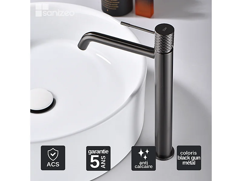 Mitigeur Lavabo Salle de Bain noir métal – Bec Haut Anti-Calcaire – Design Moderne - GENOVA IMEX