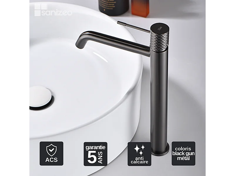 Mitigeur Lavabo Salle de Bain noir métal – Bec Haut Anti-Calcaire – Design Moderne - GENOVA IMEX