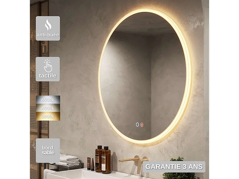 Miroir Salle de Bain ATENAS - Ø60cm - Led T° Variable - Tactiles On/Off & Anti-Buée - LEDIMEX