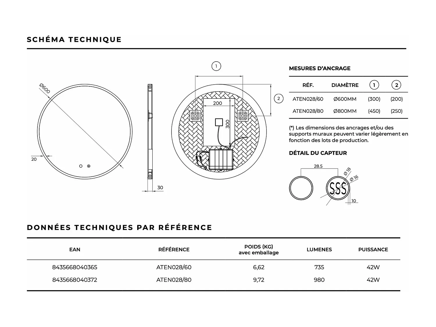Miroir Salle de Bain ATENAS - Ø60cm - Led T° Variable - Tactiles On/Off & Anti-Buée - LEDIMEX