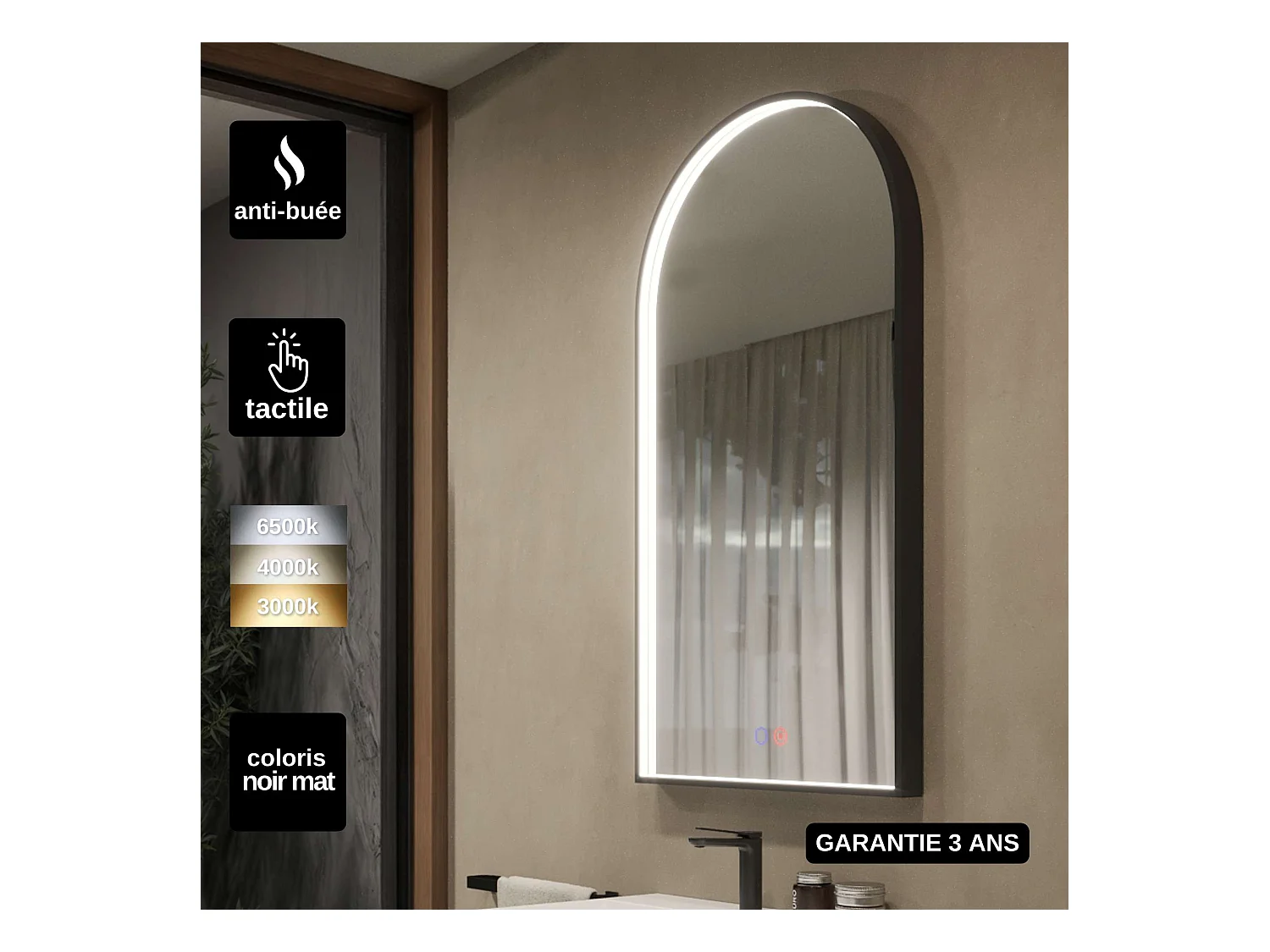 Miroir Salle de Bain ROMA - 60x110cm - Noir Mat - Bordure Led T° Variable - Tactiles On/Off & Anti-Buée - LEDIMEX