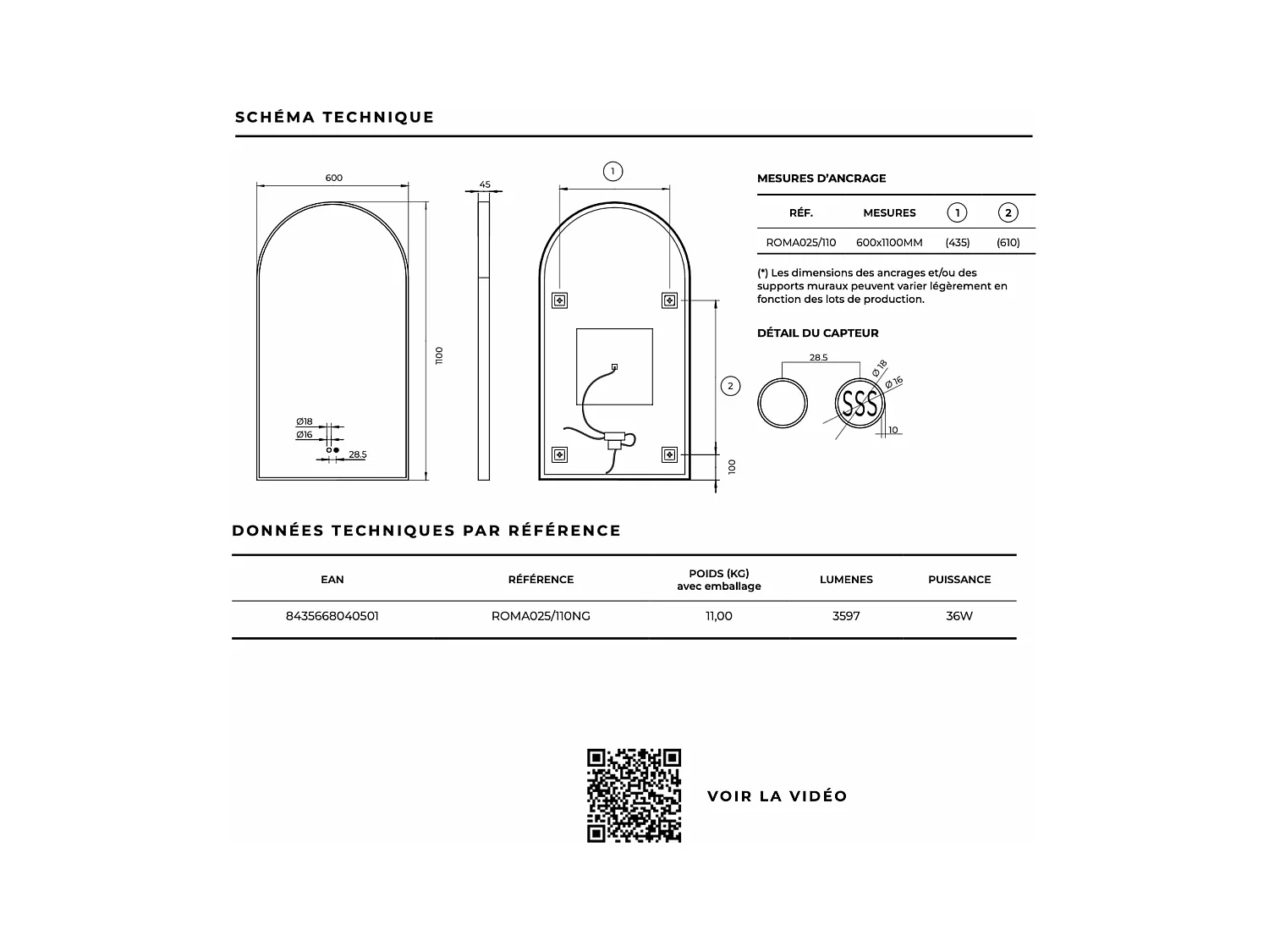 Miroir Salle de Bain ROMA - 60x110cm - Noir Mat - Bordure Led T° Variable - Tactiles On/Off & Anti-Buée - LEDIMEX