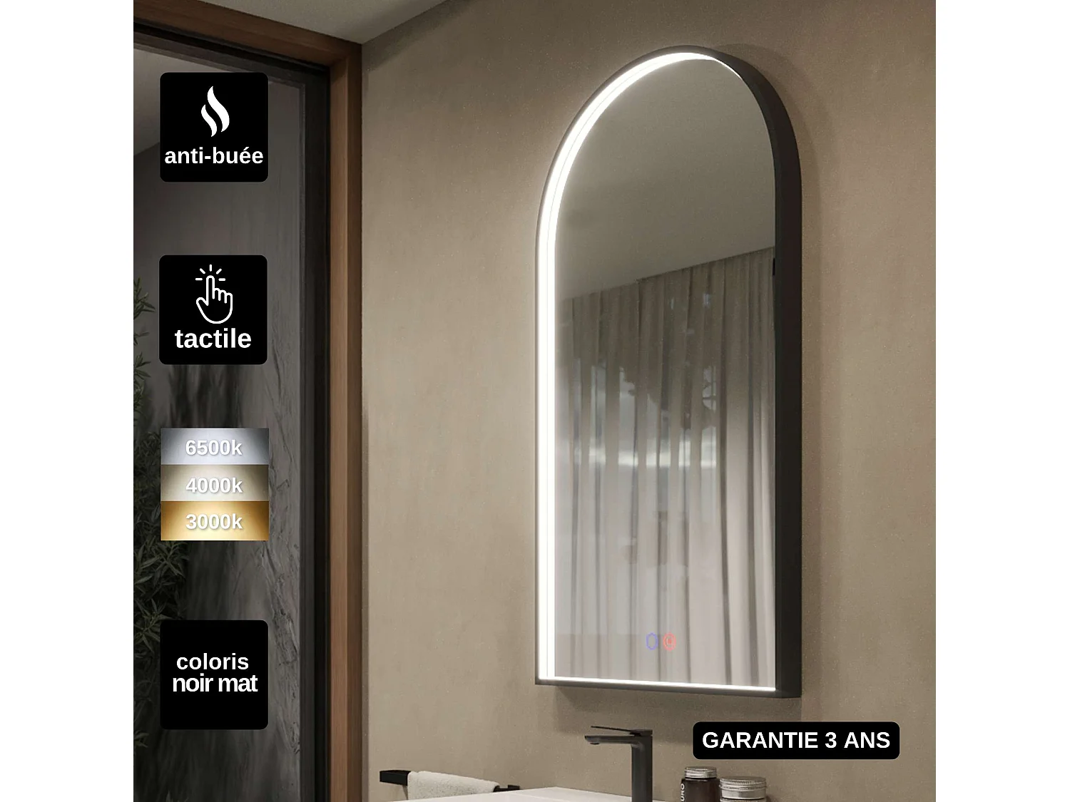 Miroir Salle de Bain ROMA - 60x110cm - Noir Mat - Bordure Led T° Variable - Tactiles On/Off & Anti-Buée - LEDIMEX