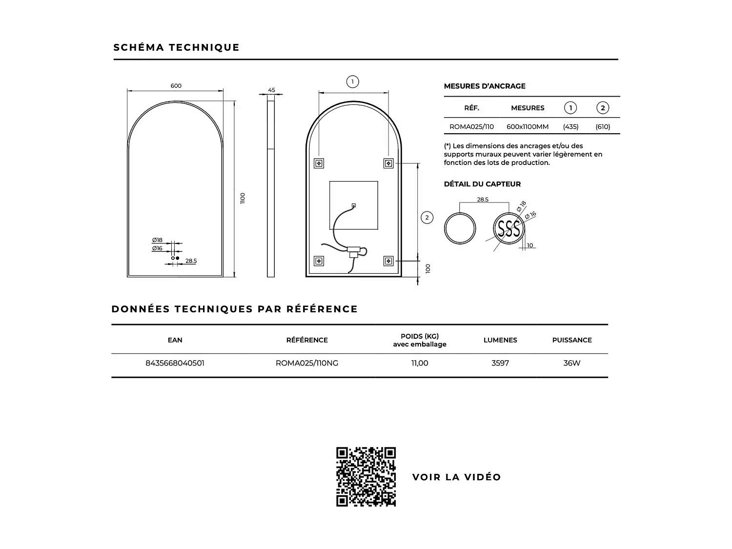 Miroir Salle de Bain ROMA - 60x110cm - Noir Mat - Bordure Led T° Variable - Tactiles On/Off & Anti-Buée - LEDIMEX