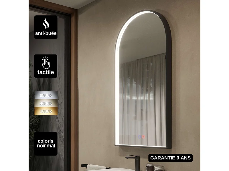 Miroir Salle de Bain ROMA - 60x110cm - Noir Mat - Bordure Led T° Variable - Tactiles On/Off & Anti-Buée - LEDIMEX