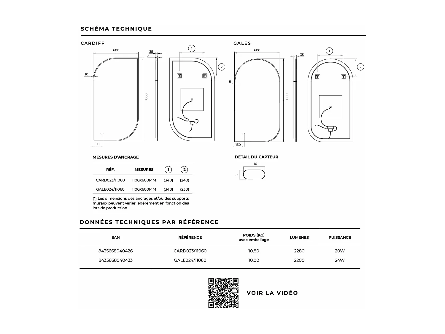 Miroir Salle de Bain GALES - 60x110cm - Led Rétro-éclairé (3000K) - Anti-Buée & Détecteur de Mouvement - LEDIMEX