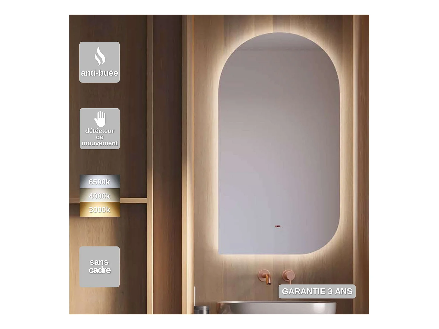 Miroir Salle de Bain GALES - 60x110cm - Led Rétro-éclairé (3000K) - Anti-Buée & Détecteur de Mouvement - LEDIMEX