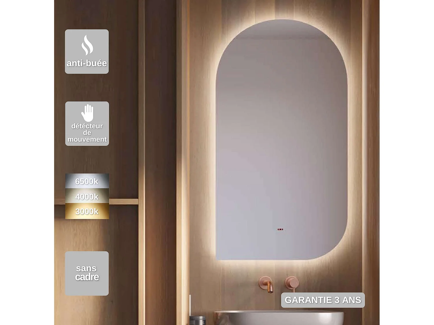 Miroir Salle de Bain GALES - 60x110cm - Led Rétro-éclairé (3000K) - Anti-Buée & Détecteur de Mouvement - LEDIMEX