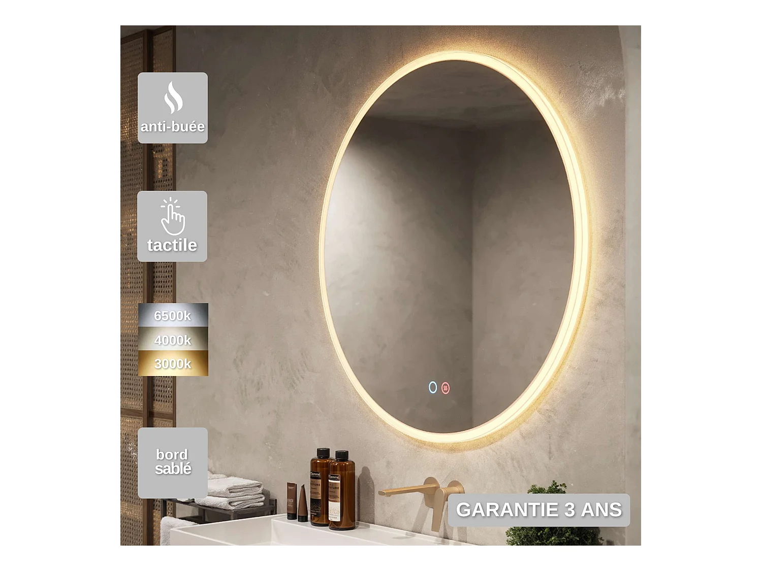 Miroir Salle de Bain ATENAS - Ø80cm - Led T° Variable - Tactiles On/Off & Anti-Buée - LEDIMEX