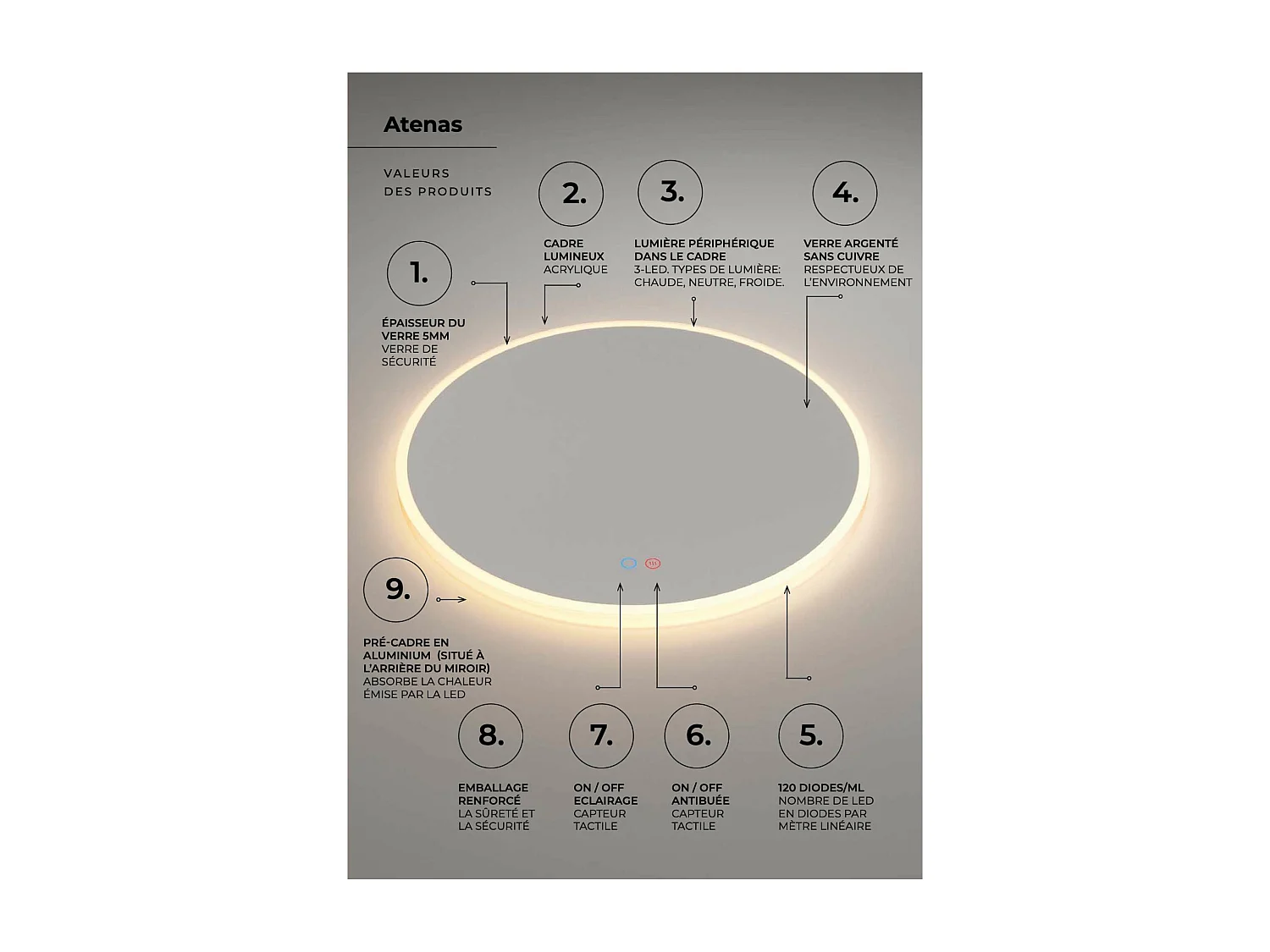 Miroir Salle de Bain ATENAS - Ø80cm - Led T° Variable - Tactiles On/Off & Anti-Buée - LEDIMEX