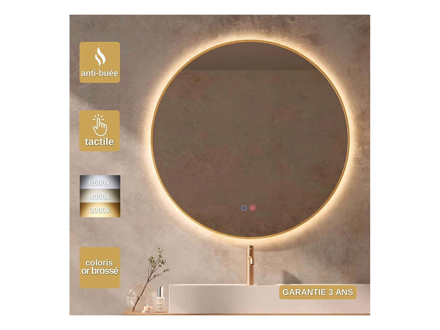 Miroir Salle de Bain FUN - Ø80cm - Or Brossé - Rétro-éclairage T° Led Variable - Tactiles On/Off & Anti-Buée - LEDIMEX