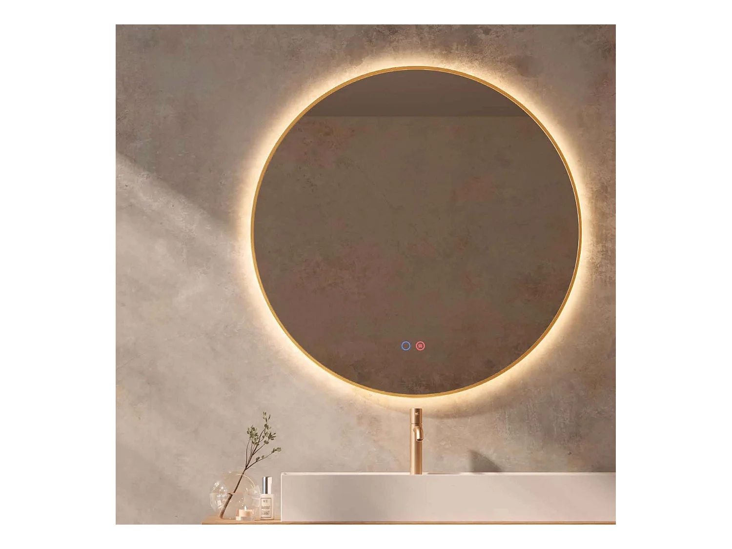 Miroir Salle de Bain FUN - Ø80cm - Or Brossé - Rétro-éclairage T° Led Variable - Tactiles On/Off & Anti-Buée - LEDIMEX