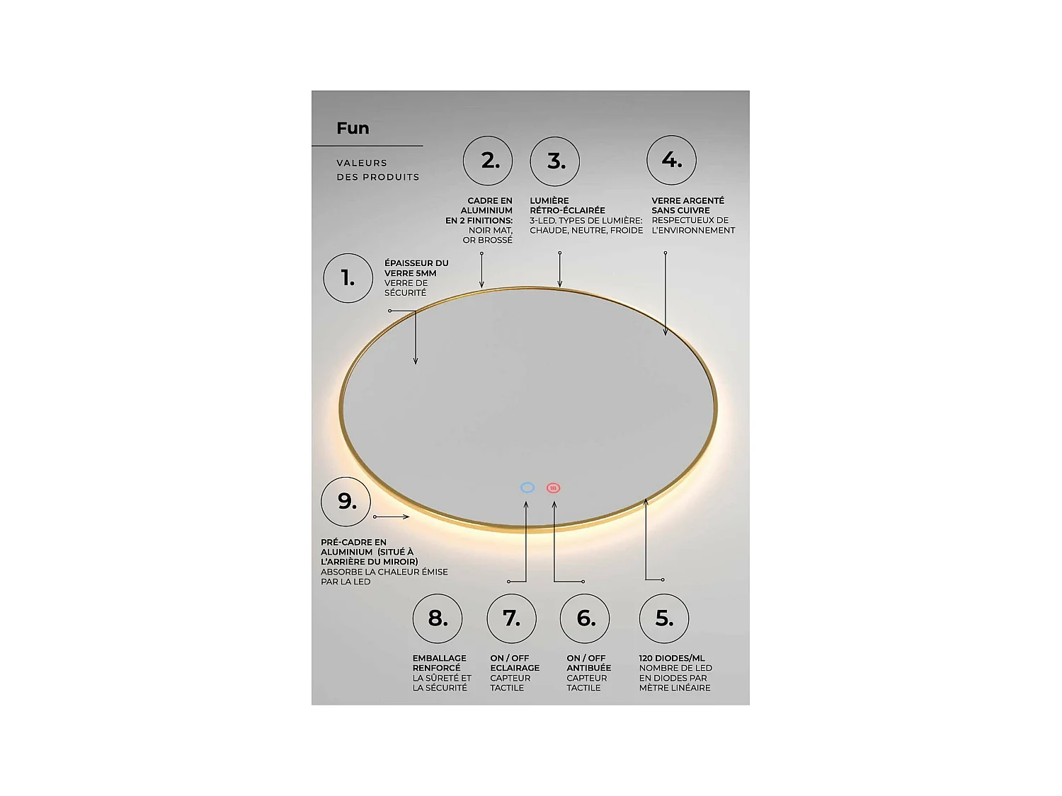 Miroir Salle de Bain FUN - Ø80cm - Or Brossé - Rétro-éclairage T° Led Variable - Tactiles On/Off & Anti-Buée - LEDIMEX