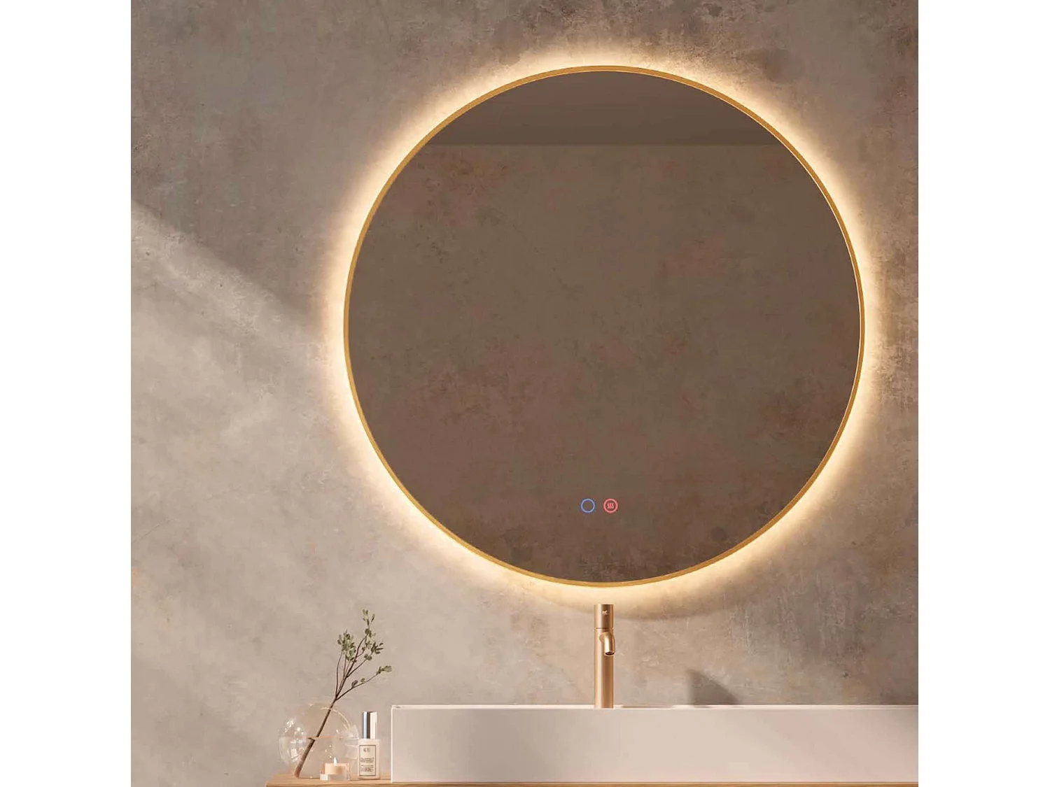 Miroir Salle de Bain FUN - Ø80cm - Or Brossé - Rétro-éclairage T° Led Variable - Tactiles On/Off & Anti-Buée - LEDIMEX