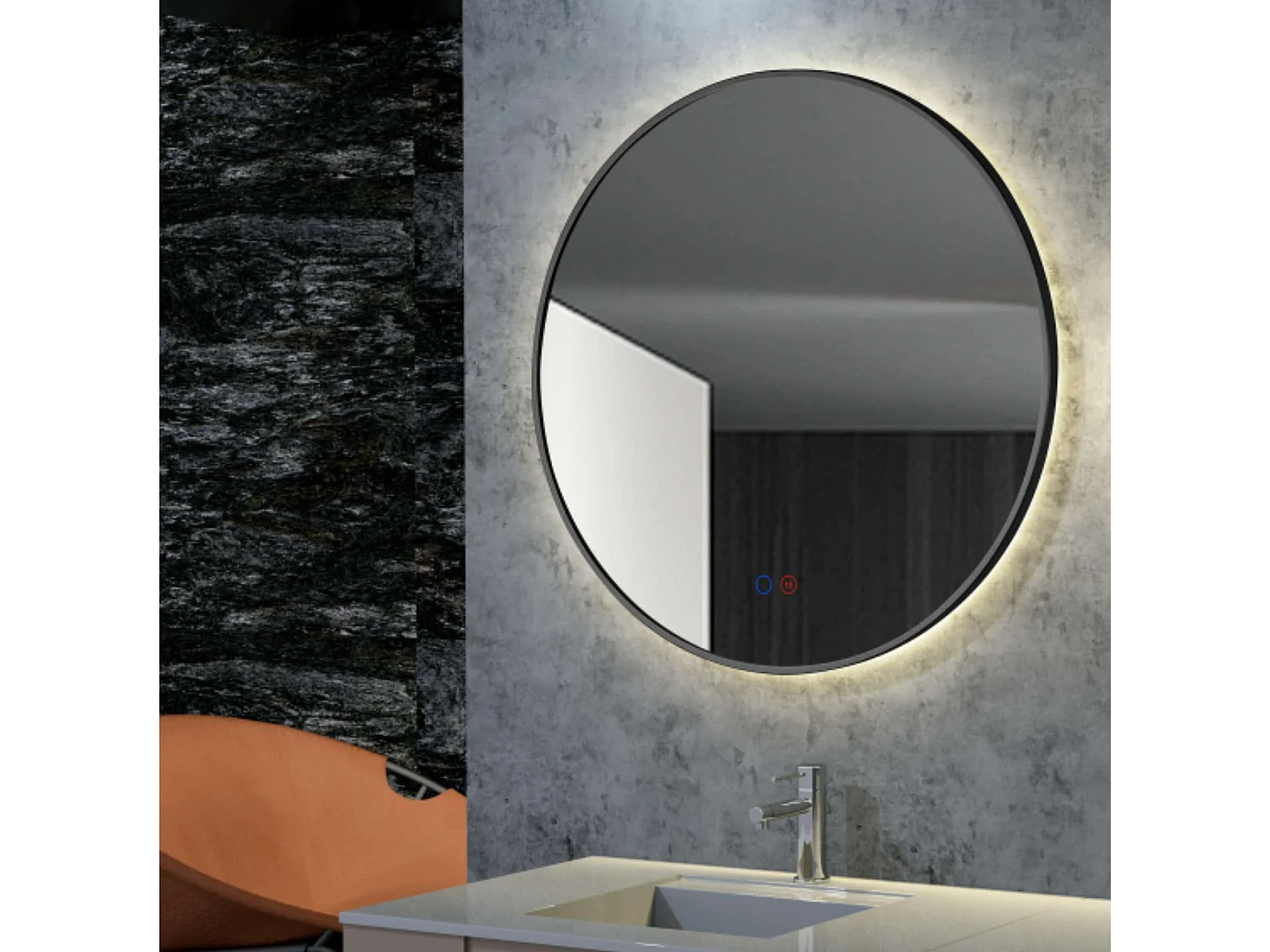 Miroir Salle de Bain FUN - Ø80cm - Noir Mat - Rétro-éclairage T° Led Variable - Tactiles On/Off & Anti-Buée - LEDIMEX
