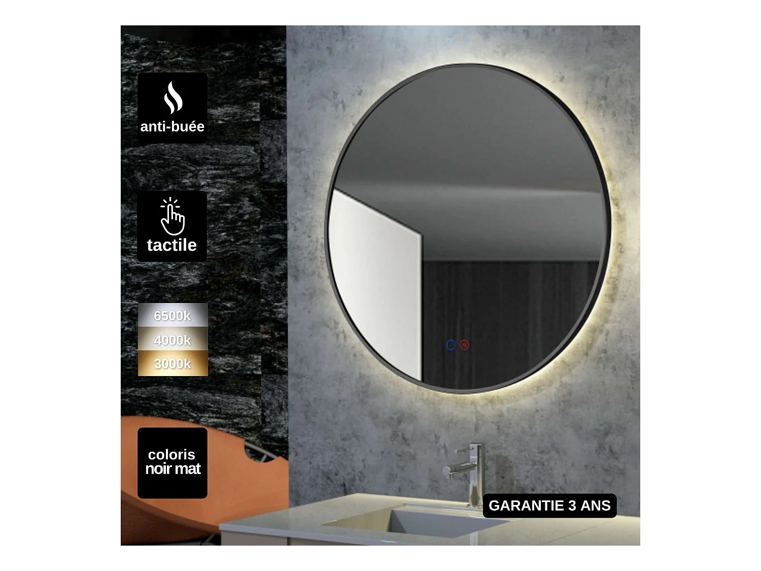 Miroir Salle de Bain FUN - Ø80cm - Noir Mat - Rétro-éclairage T° Led Variable - Tactiles On/Off & Anti-Buée - LEDIMEX