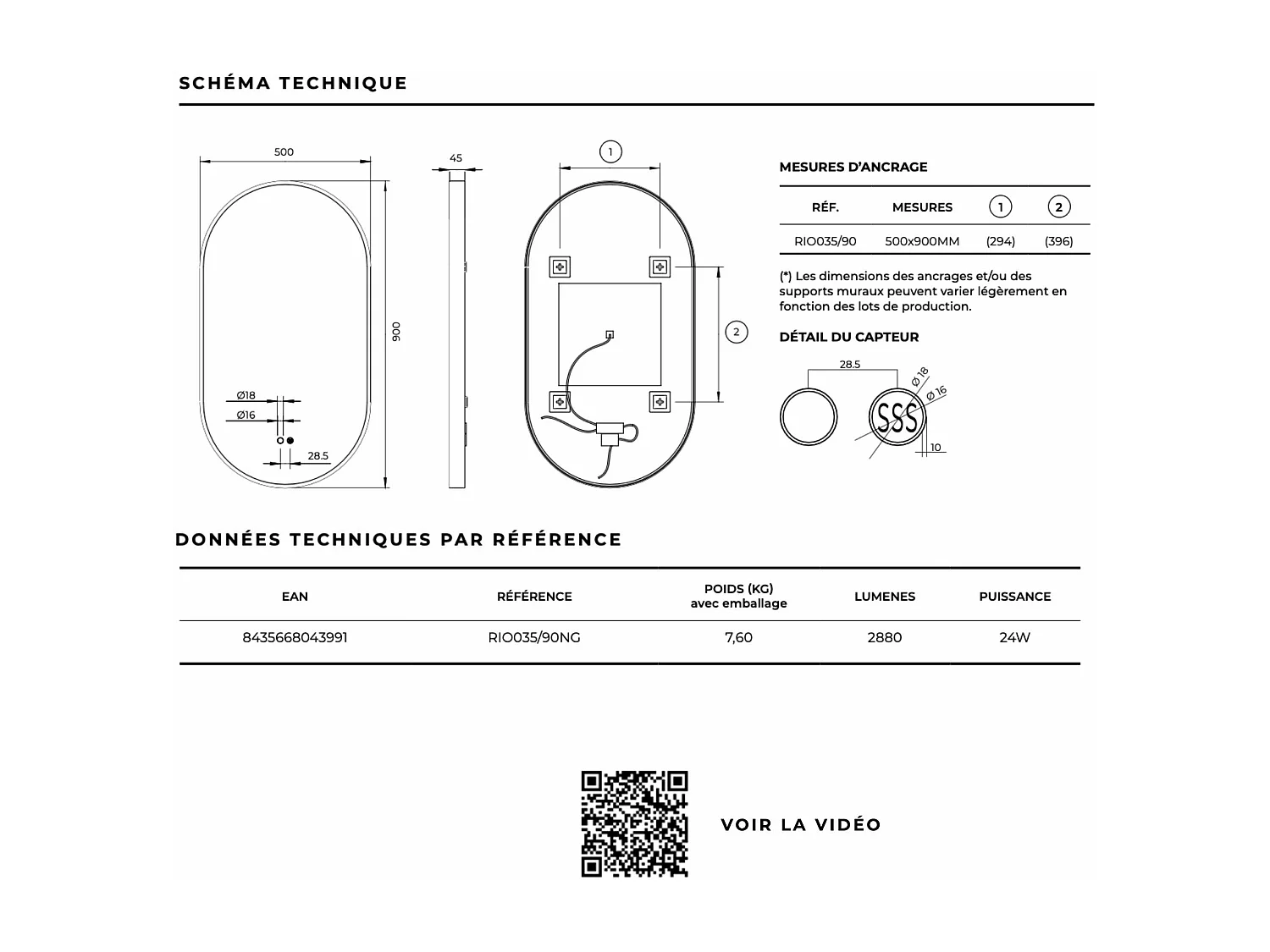 Miroir Salle de Bain RIO - 50x90cm - Noir Mat - Bordure Led T° Variable - Tactiles On/Off & Anti-Buée - LEDIMEX