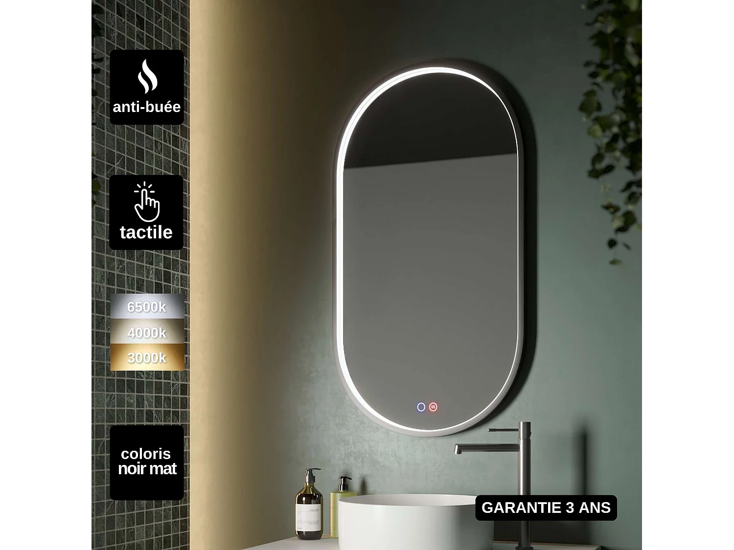 Miroir Salle de Bain RIO - 50x90cm - Noir Mat - Bordure Led T° Variable - Tactiles On/Off & Anti-Buée - LEDIMEX