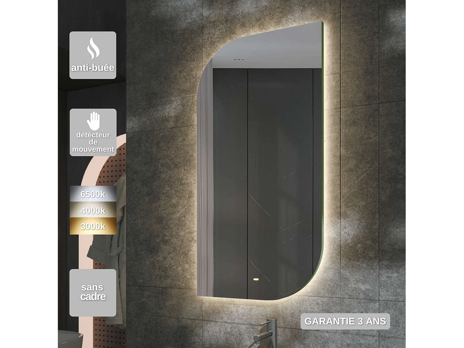 Miroir Salle de Bain CARDIFF - 60x110cm - Led Rétro-éclairé (3000K) - Anti-Buée & Détecteur de Mouvement - LEDIMEX