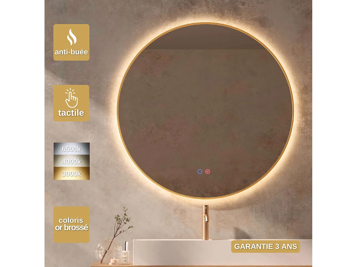 Miroir Salle de Bain FUN - Ø70cm - Or Brossé - Rétro-éclairage T° Led Variable - Tactiles On/Off & Anti-Buée - LEDIMEX