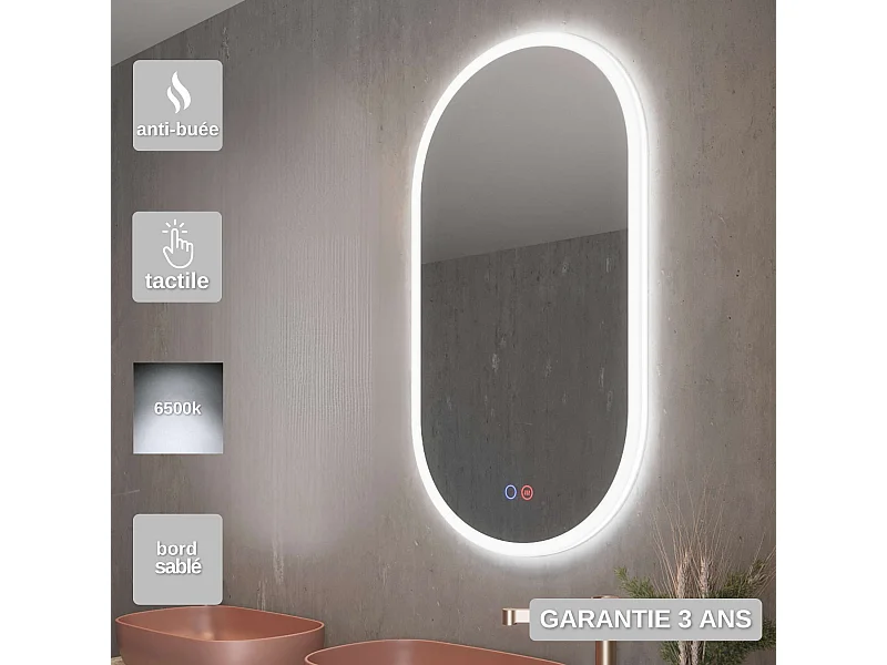 Miroir Salle de Bain CANADA - 50x90cm - Led Frontal (6500K) - Double Tactile & Anti-Buée - LEDIMEX