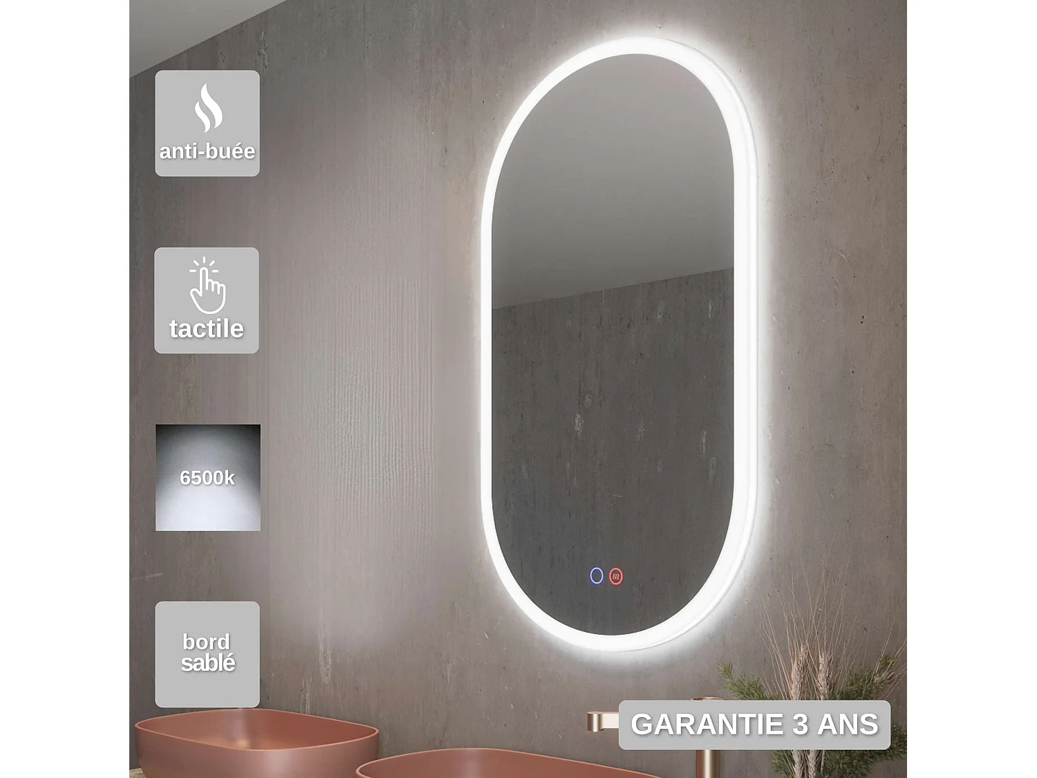 Miroir Salle de Bain CANADA - 50x90cm - Led Frontal (6500K) - Double Tactile & Anti-Buée - LEDIMEX